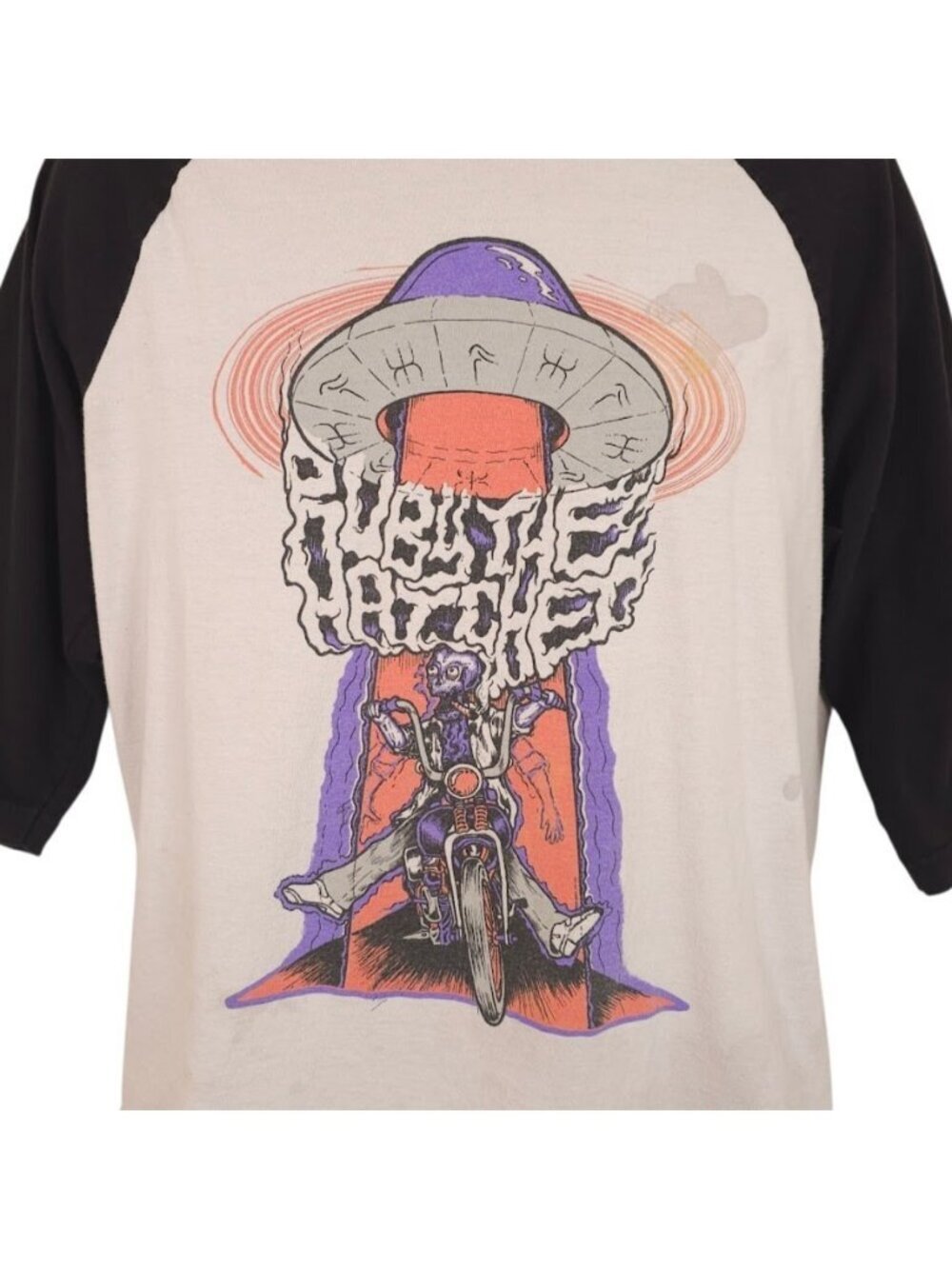 UFO Alien Biker T Shirt Mens Size Large White Black Raglan Ruby The Hatchet